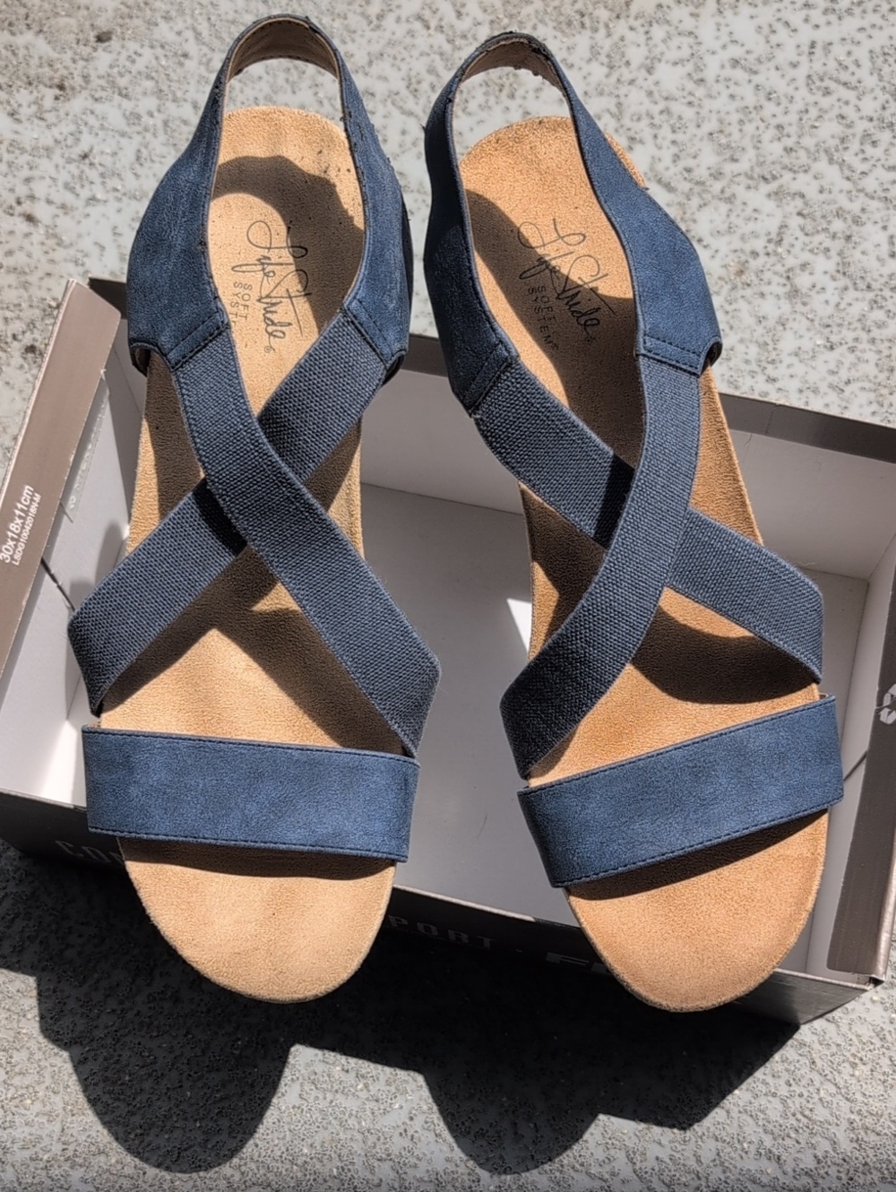 Life Stride Navy Blue Elastic Crisscross Slingback Wedge Sandals, size 10
